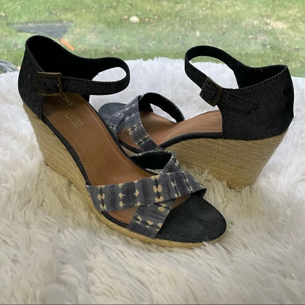 Toms Denim Blue Batik Platform Espadrille Wedge‎ Sienna Sandals Sz 10
